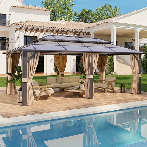 Aoxun 12x20FT Hardtop Gazebo, Aluminum Frame Permanent Pavilion with Curtains and Netting, Outdoor Polycarbonate Double Roof Canopy, Designed for Garden, Lawns, Patio