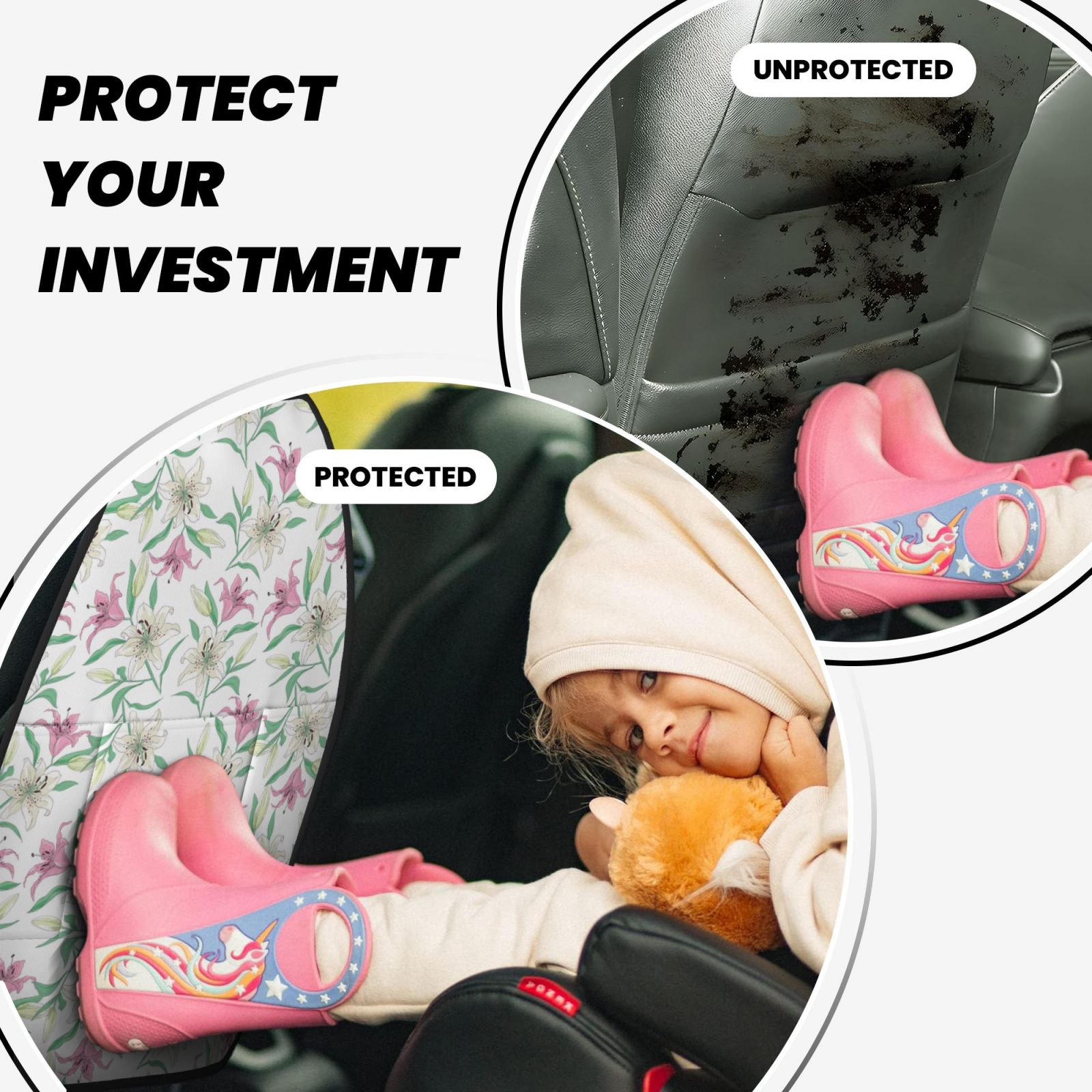 Kdxio Lilies Flowers Print 2 Pack Car Kick Mat Seat Cover Back Protector Mat with Pockets for Organizer Backseat Protector and Storage Anti Kick Pad for Vehicles