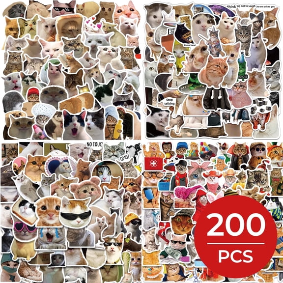 200-Piece Cute Holographic Cat Meme Sticker Pack, Waterproof Kawaii Vinyl Decals for Laptop, Water Bottle, Journal, Scrapbook, Pet Party Favors