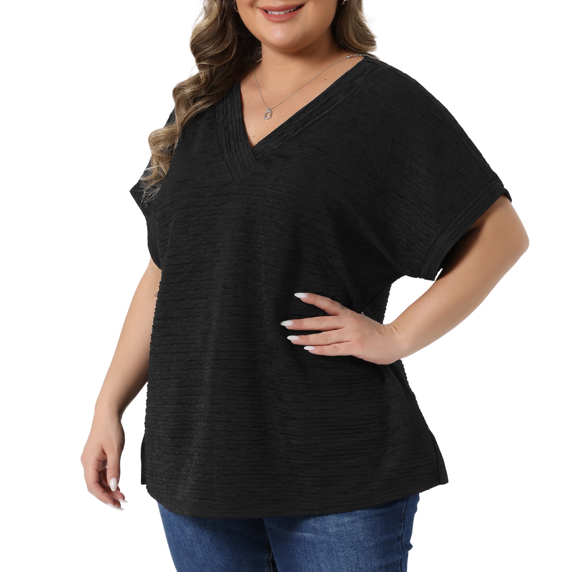 DARING DIVA Women's Plus V Neck Short Sleeve Textured Tops 2X Black