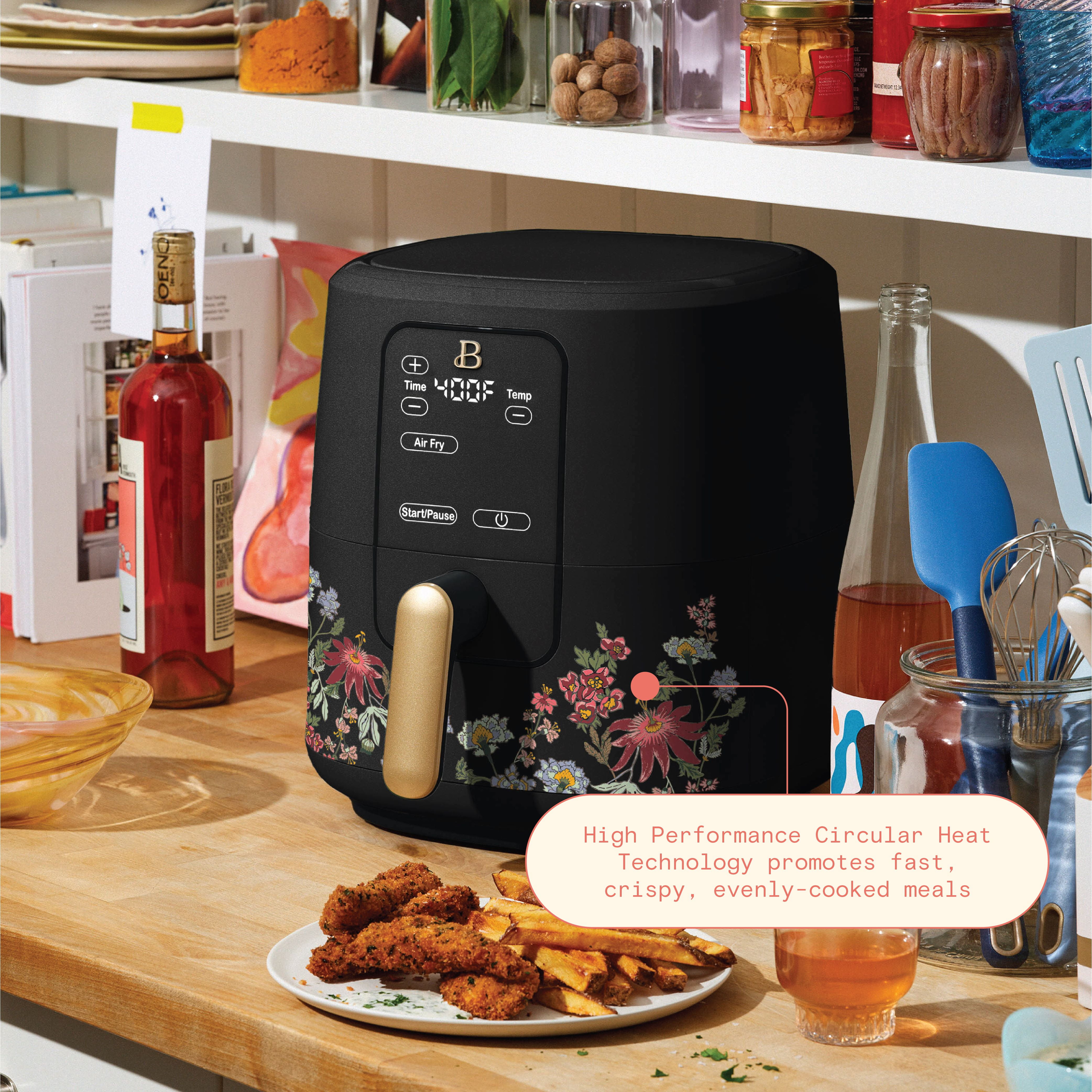 Beautiful 6 Qt Air Fryer with TurboCrisp Technology, Wildflower by Drew Barrymore, Black