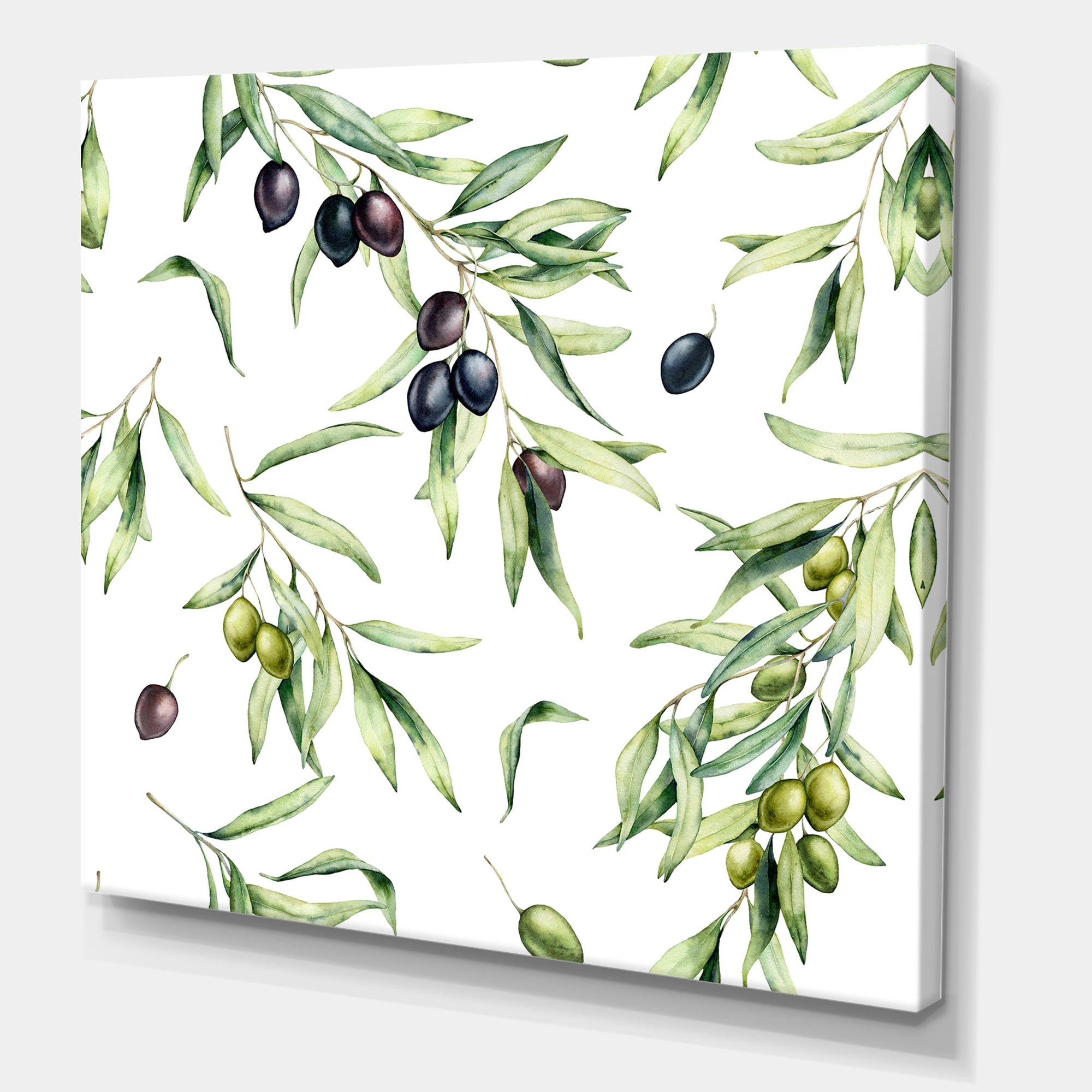 Designart ' Black and Green Olives With Olive Branches & Leaves ' Lake House Canvas Wall Art Print