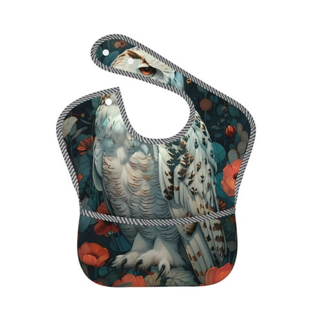 

Bingfone Mess-Proof Baby Bib - Waterproof Bib for Baby Boy or Girl with Food Catcher Pocket Unisex-Moon Flower White Owl
