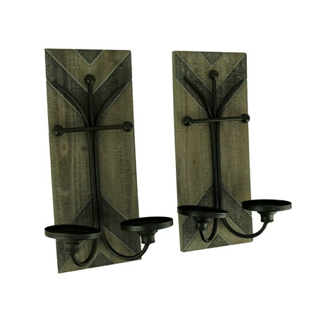 - Rustic Wood and Metal Double Candle Wall Sconce Set of 2