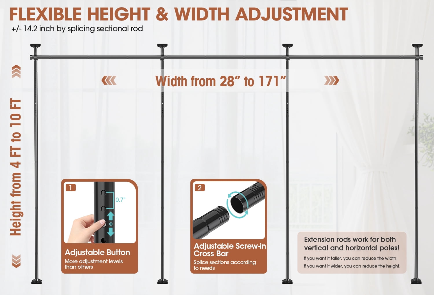 SUNALLY Room Dividers Curtain Rod No Drilling, 4-10ft(H) 28-171inch(W) Adjustable Room Separator for Space Partition, Heavy Duty Floor to Ceiling Tension Rod, Black