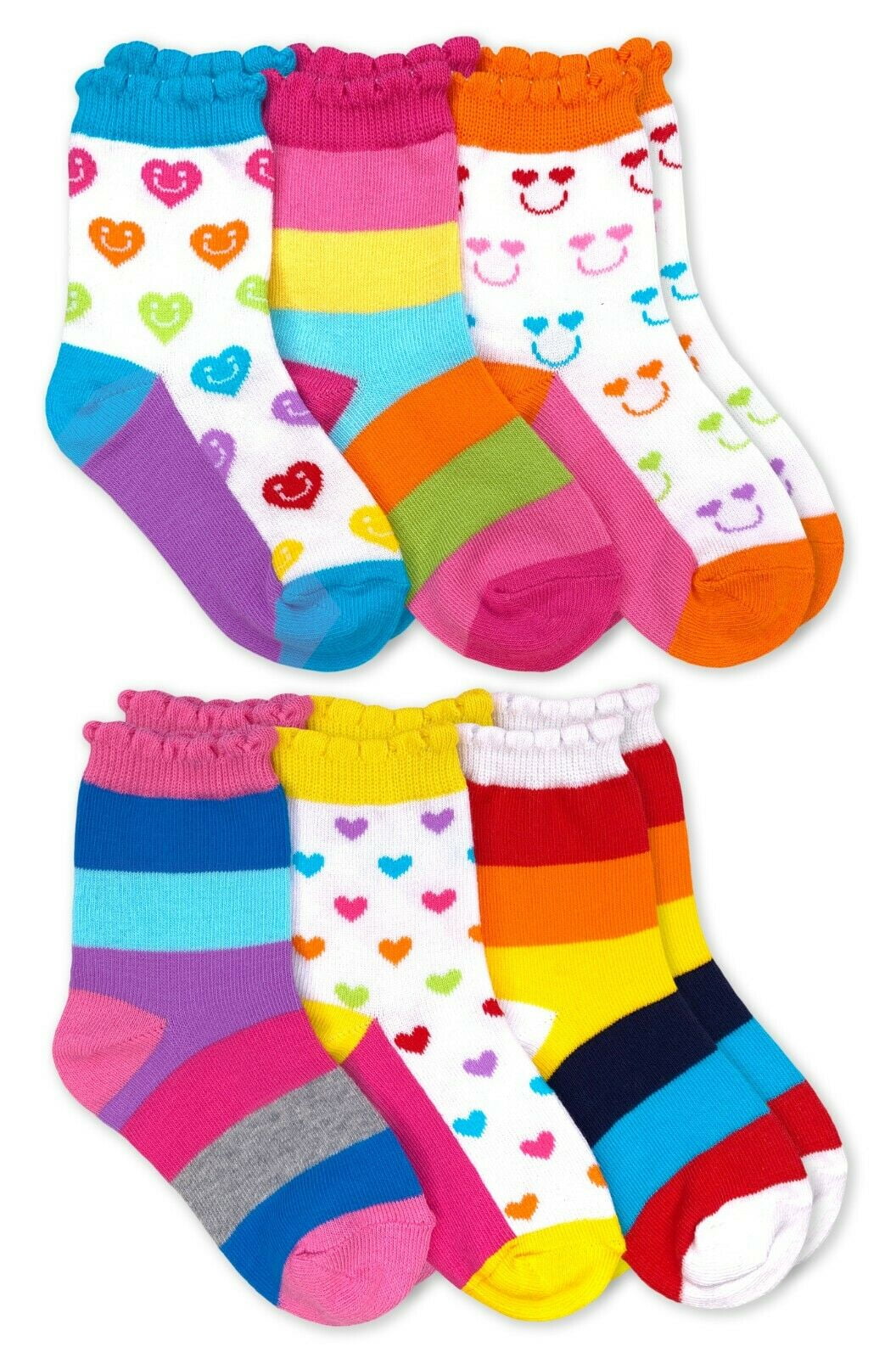 Jefferies Socks Girl's Rainbow Stripes Hearts Smiley Face Crew Socks 6 Pair Pack