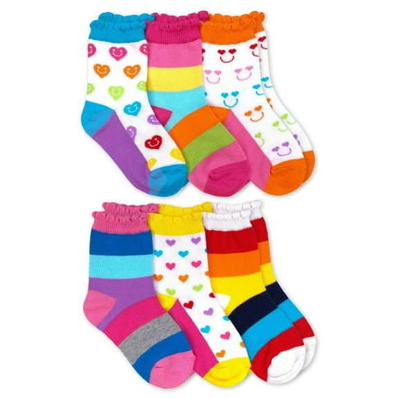 Jefferies Socks Girl's Rainbow Stripes Hearts Smiley Face Crew Socks 6 Pair Pack