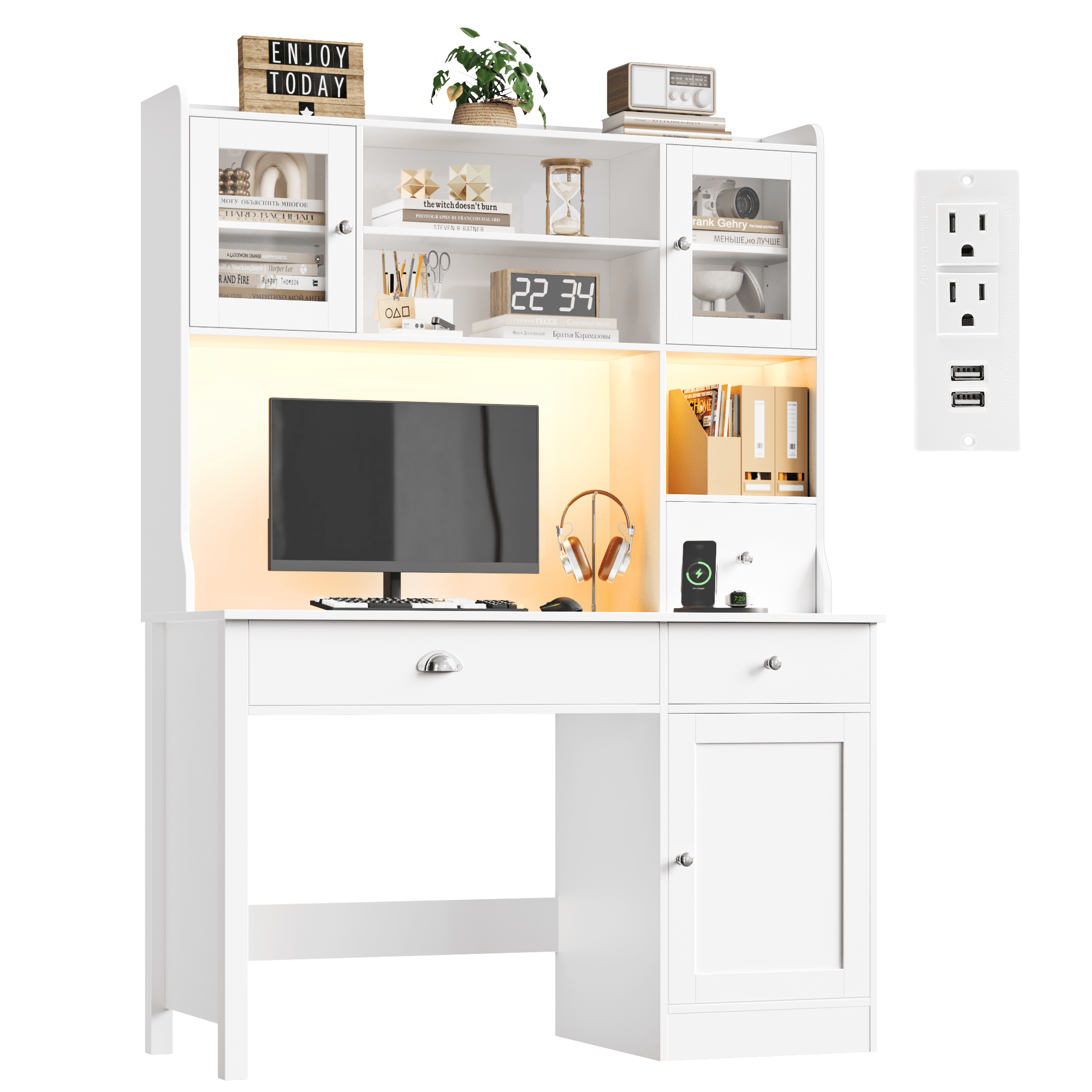 Homfa Executive Desk with Hutch & Power Outlets & LED Lights, Wood Writing Study Table, Home Office Computer Desk with Adjustable Shelves and Drawers, White