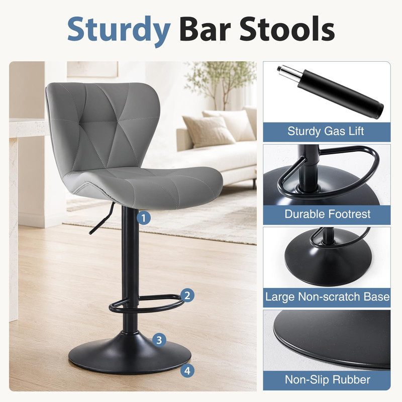 Kelno Swivel Bar Stools Set of 2 Adjustable Height PU Leather Seat with Backrest 360° Swivel for Kitchen Island, Gray