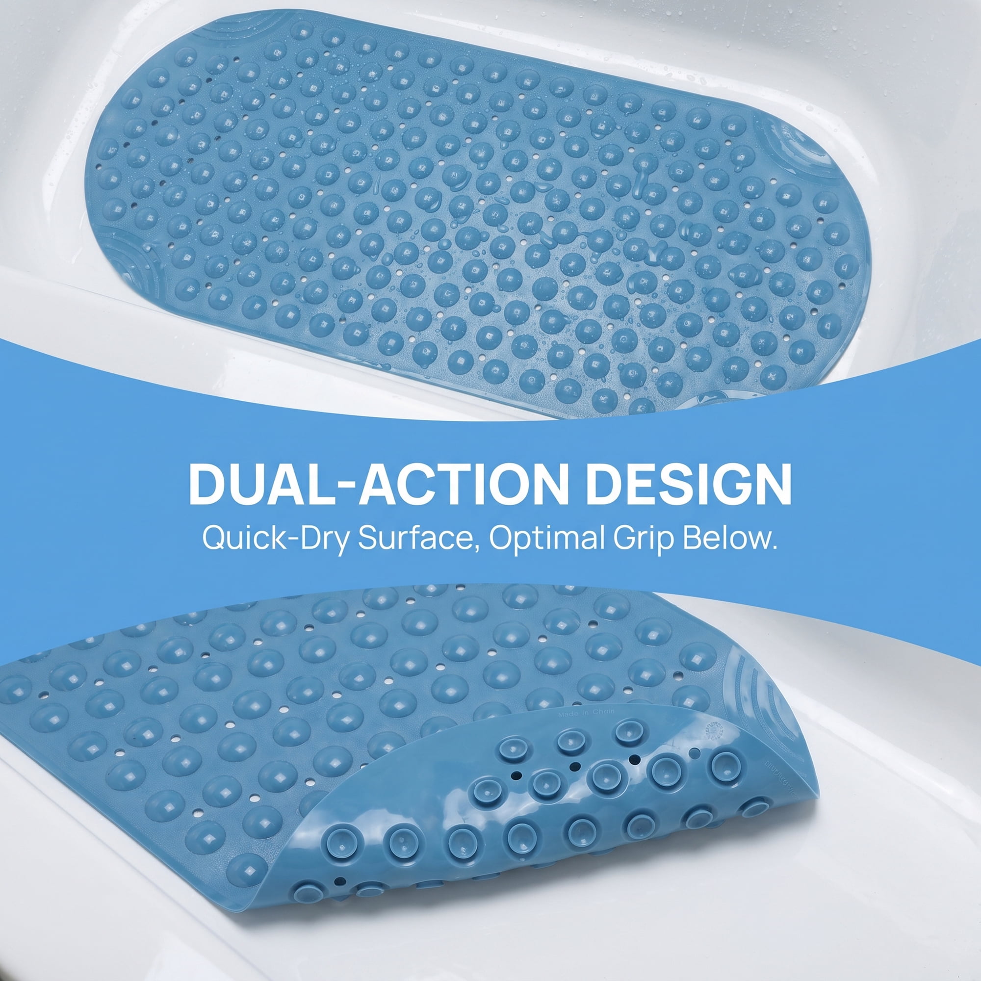 Unique Bargains Bathtub Mat Non-Slip Strong Suction Cups with Drain Holes Blue 35" x 16"