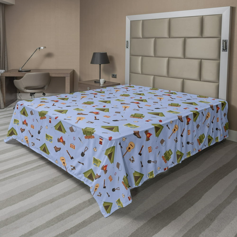 Colorful Flat Sheet, Camping Such as Tent Guitar Campfire and Boots