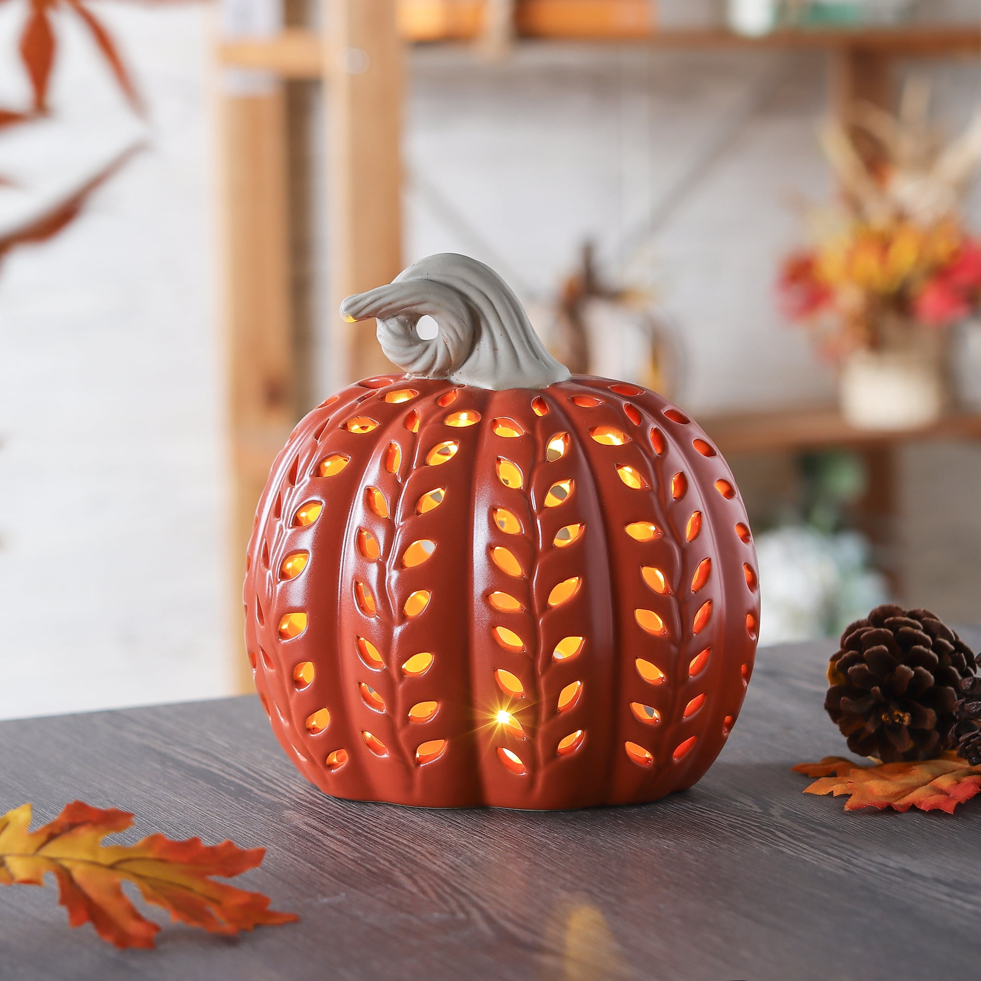 Ceramic Pumpkin with Light Tabletop Decor, Orange, 8", Harvest by Way To Celebrate