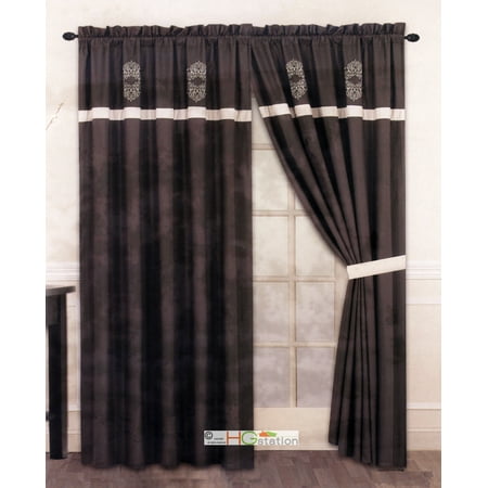 4-Pc Royal Damask Medallion Embroidery Striped Curtain Set Lining Drape Tieback