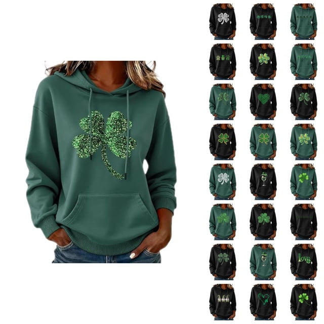 Chandails à Capuchon pour Femmes de la Saint-Patrick 2026 à Manches Longues avec Graphique de Trèfle et Poches