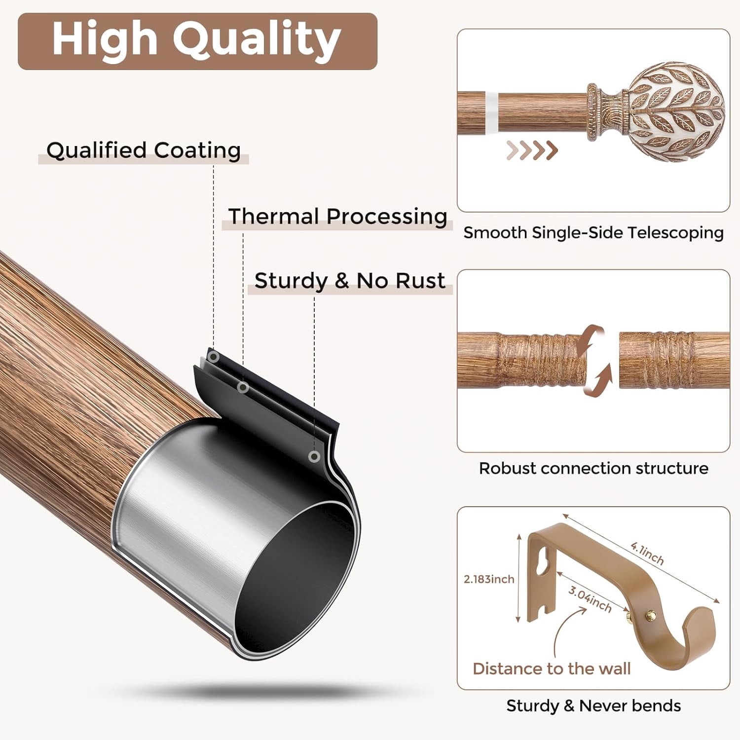 Boho Black Curtain Rod, 1 Inch Decorative Adjustable Heavy Duty Curtain Rods for Windows 30 to 56 Inch, Rustic Window Treatment Rods with Handmade Leaf Finials, Easy Installation