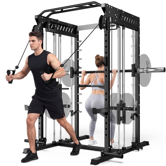 Forgemus Smith Machine, 2000LBS M11 Multi-Function Squat Rack Power Cage with Cable Crossover System and Smith Bar, All-in-One LAT Pull-Down Machine for Home Gym