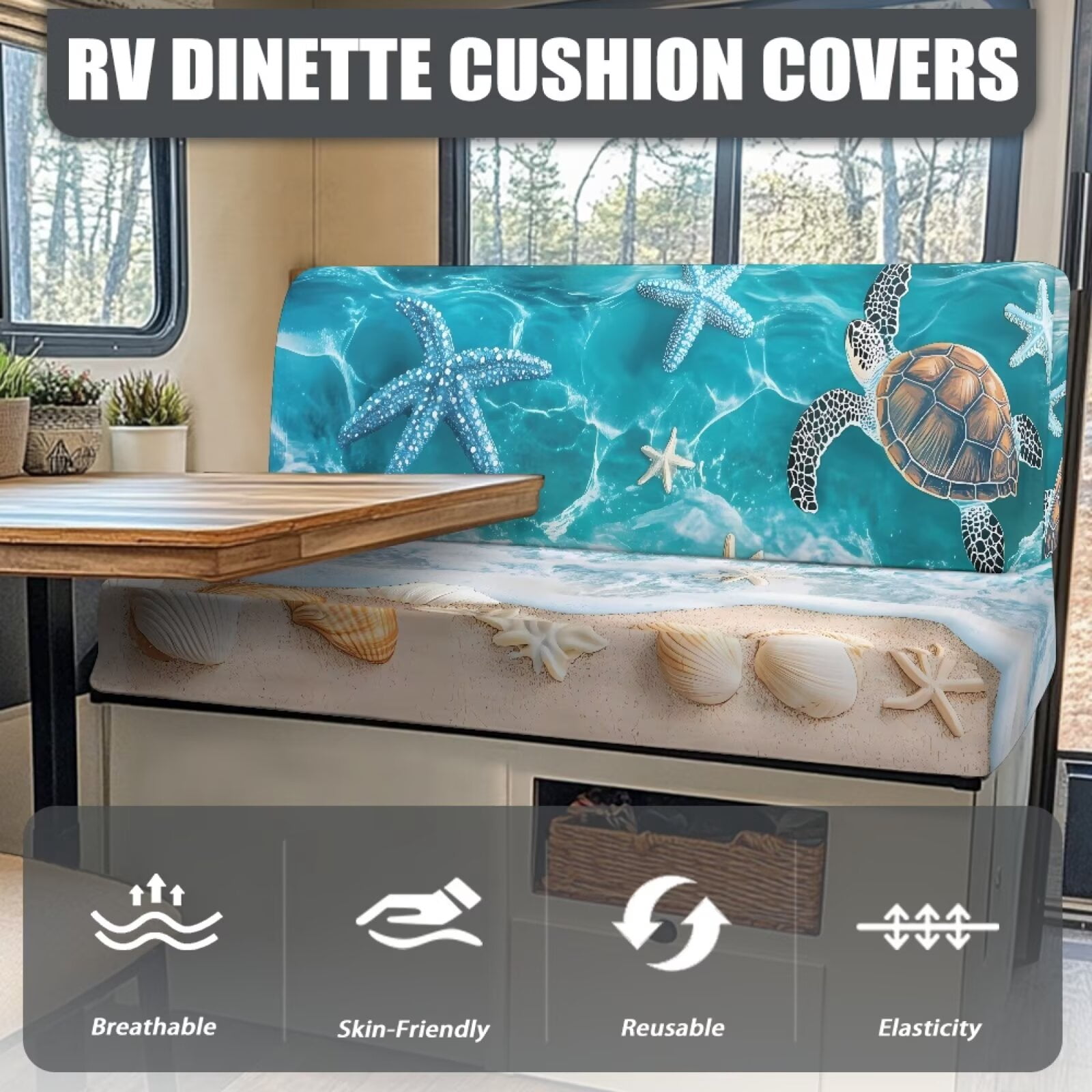 Uorisanigo RV Dinette Cushions Stretch Beach Turtle Camper Seat Cushion Slipcovers Washable Camper Sofa Chair Cover Furniture Protector Cushion Covers for Couches