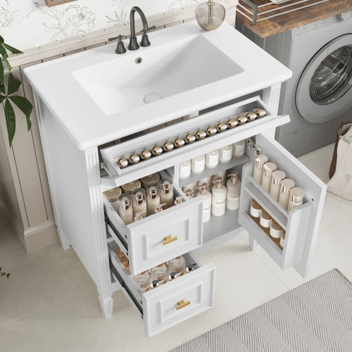24" Bathroom Vanity with Ceramic Sink, Rubberwood Legs, Tip-Out Top Drawer + 3 Pull-Out Drawers, Soft-Close Hinges, Cabinet with Adjustable Shelves, White