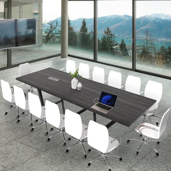 Sturdy Conference Table With Cable Management Grommets By Ahliss- Modern Rectangle Office Meeting Table With Wood Tabletop And Metal Frame & Legs- Easy Assembly Boardroom Table
