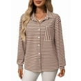 thumbnail image 3 of Womens Button Down Shirts Striped Classic Long Sleeve Collared Office Work Blouses Tops with Pocket Khaki L, 3 of 9