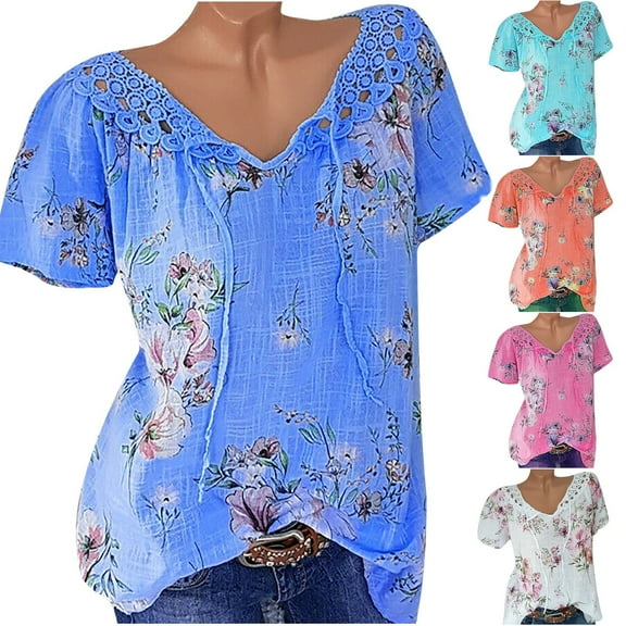 Womens Tops,Summer Tops for Women Trendy,Women Short Sleeve V-Neck Lace Printed Lace Tops Loose T-Shirt Blouse
