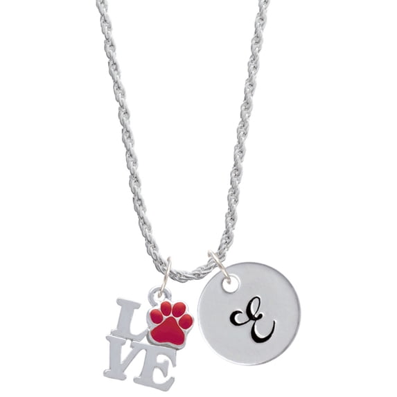 Delight Jewelry Silvertone Love with Red Paw Silvertone Script Initial Disc - E - Charm Necklace, 20"+3"
