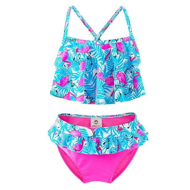 Girls Bikini Set Flamingo Two Piece Swimsuit, Children Ruffle Swimwear 