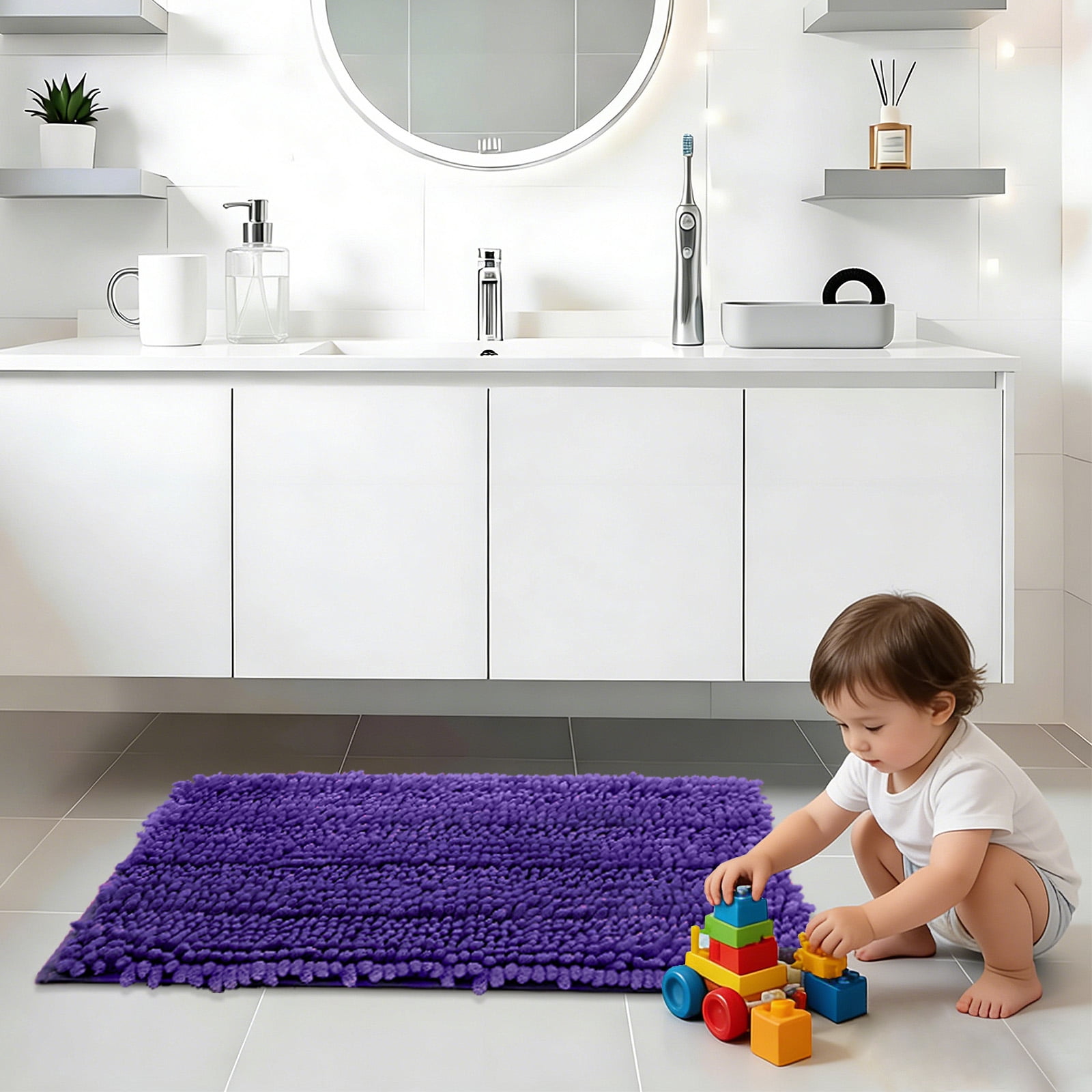 Civkor Bathroom Rugs, Bath Mats Set 2 Pieces Non Slip, 31x20 Plus 24x16Inch, Machine Washable, Soft Shiny Chenille and Quick Qry, Dark Purple