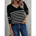thumbnail image 6 of Women Knit Sweater Casual V Neck Striped Print Loose Pullover Long Sleeve Sweater Tops Black XL, 6 of 9
