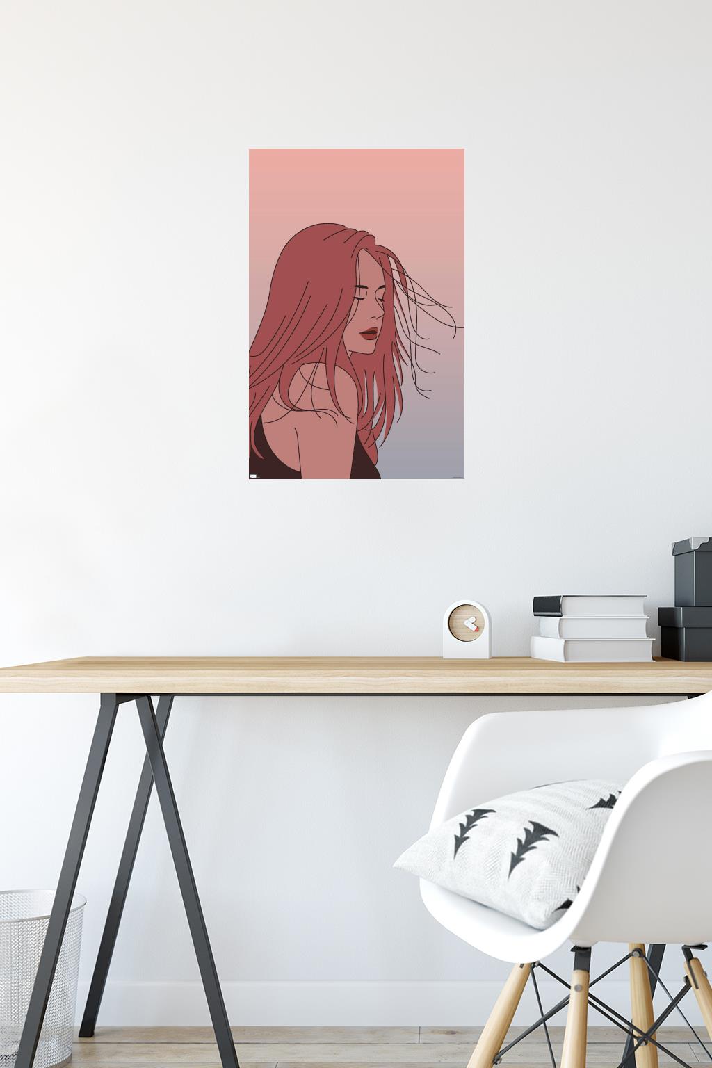 Hand Drawn Woman With Blowing Hair Wall Poster, 14.725" x 22.375"