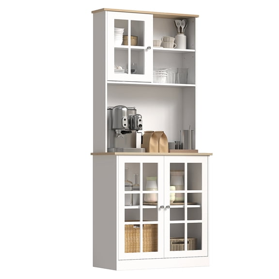 Kitchen Pantry Cabinet 72", Freestanding Storage with Hutch, Glass Doors, Adjustable Shelves, White