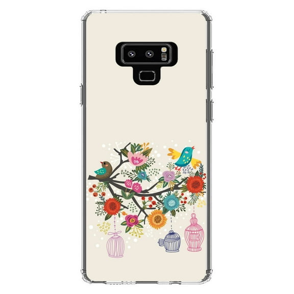 DistinctInk Clear Shockproof Hybrid Case for Samsung Galaxy Note 9 - TPU Bumper, Acrylic Back, Tempered Glass Screen Protector - Spring Collection - Floral Birds Teal Red