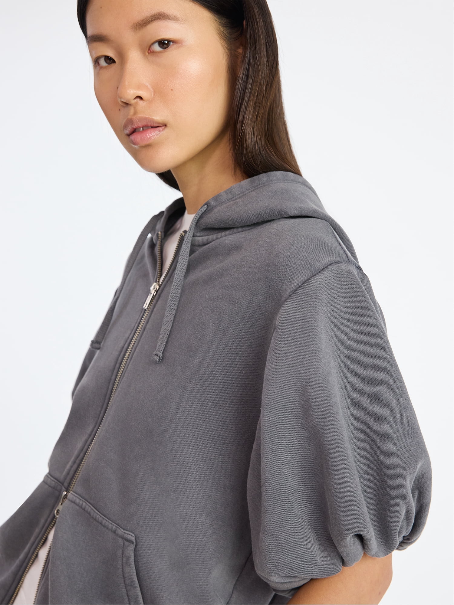 Scoop Women’s Mineral Washed Zip Hoodie with Short Puff Sleeves, Sizes XS-XXL