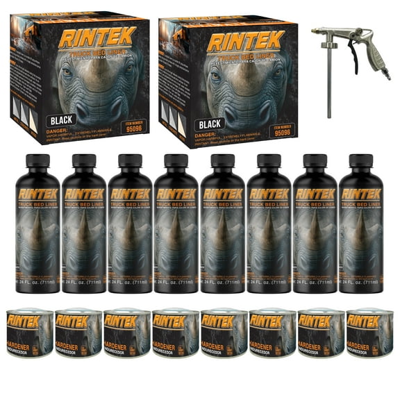 Rintek Black 2 Gallon Urethane Spray-On Truck Bed Liner Kit - 4 Bed Liners, 4 Hardeners and 1 Applicator Spray Gun - Easy 3 to 1 Mix Ratio, Just Mix, Shake and Shoot It