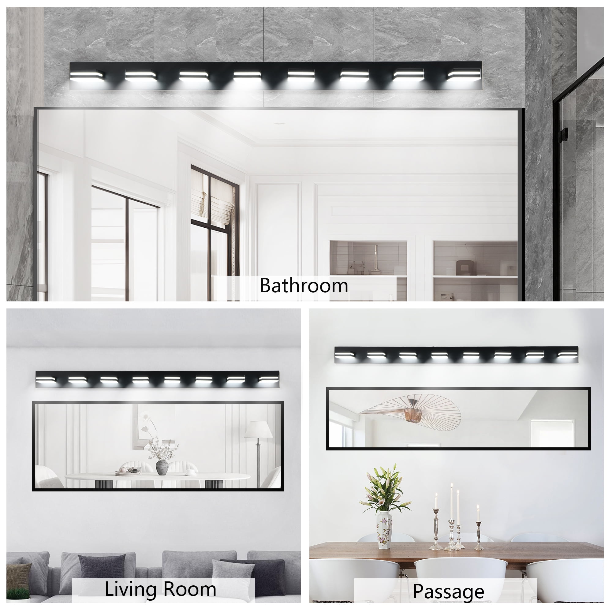 8-Light Modern Black LED Bathroom Vanity Light, Wall Mount Mirror Lighting Fixture, Energy Efficient, Sleek Minimalist Design for Bathroom, Bedroom and Powder Room