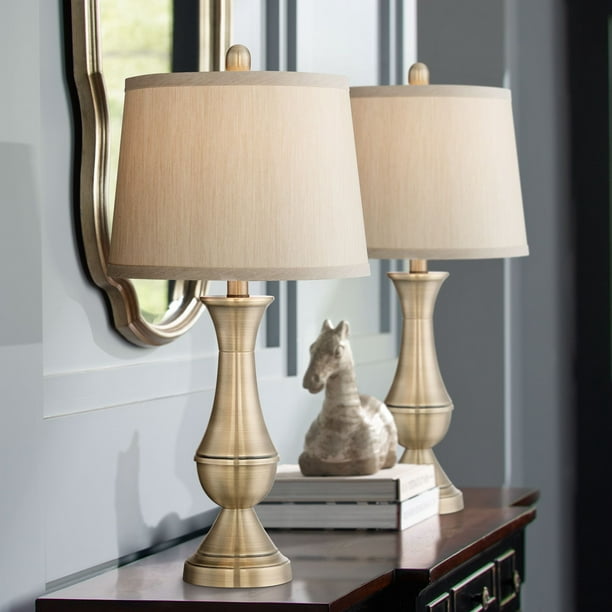 Antique Brass Metal Beige Drum Shade, Pretty Table Lamps For Bedroom