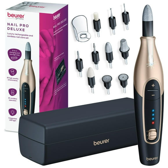 Beurer MP84BLK Nail Pro Deluxe - 14-Piece Professional Manicure & Pedicure Nail Drill Kit, Cordless, Rechargeable Electric Nail File with Attachments, LED Light, USB-c C