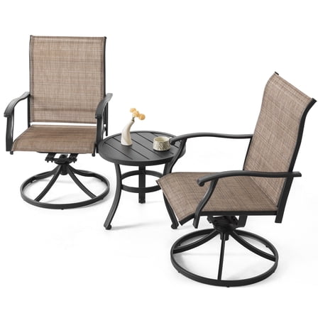 Nuu Garden 3 Piece Patio Bistro Set, Textilene Swivel Patio Chairs and Iron Table All-Weather Outdoor Furniture Set for Lawn, Backyard, Balcony, Brown