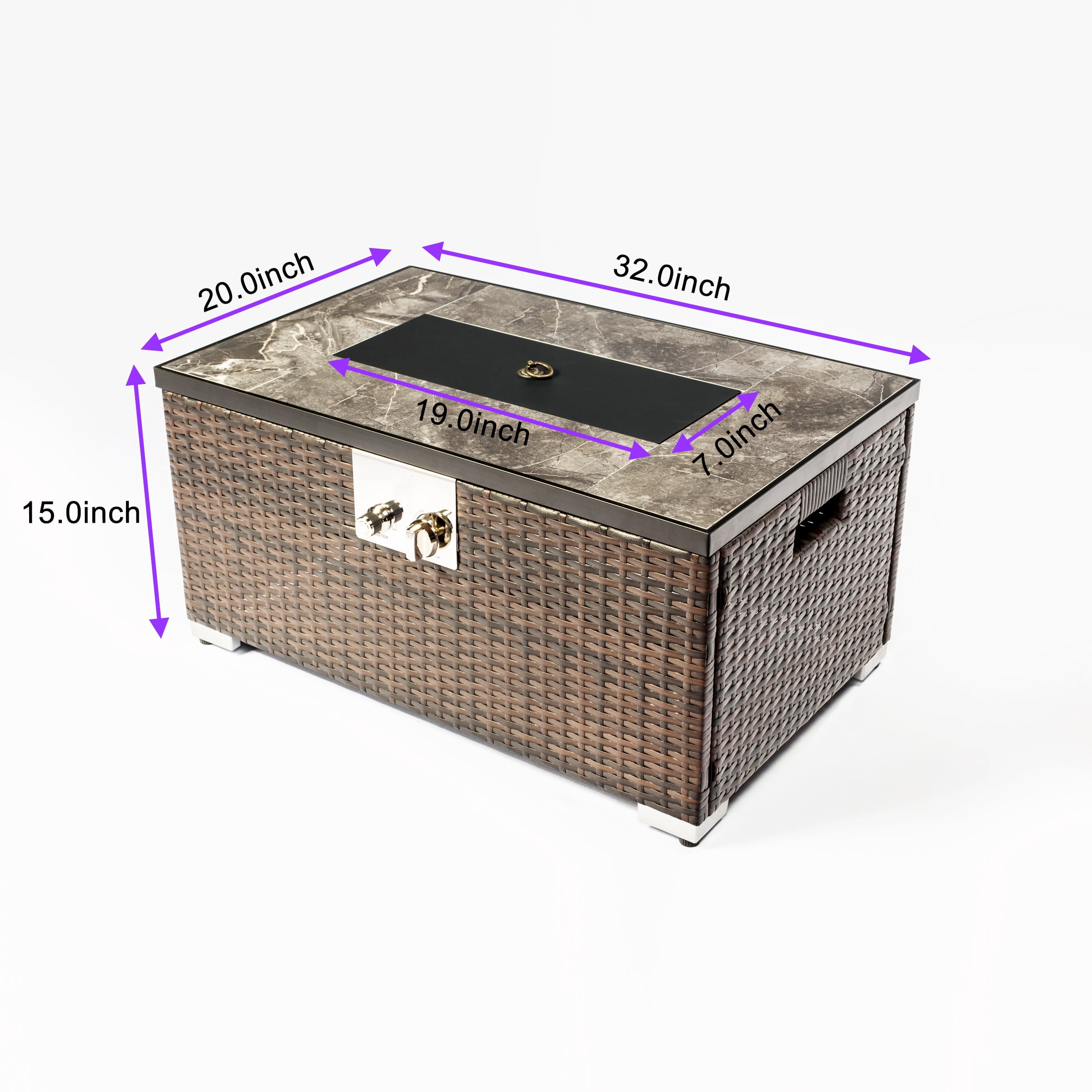 Olurrisa 32" Propane Gas Fire Pit Table, 50000 BTU Rectangular Fire Pit, Tile Tabletop with Beautiful Wicker Base for Outside Patio Deck Garden Courtyard-Brown