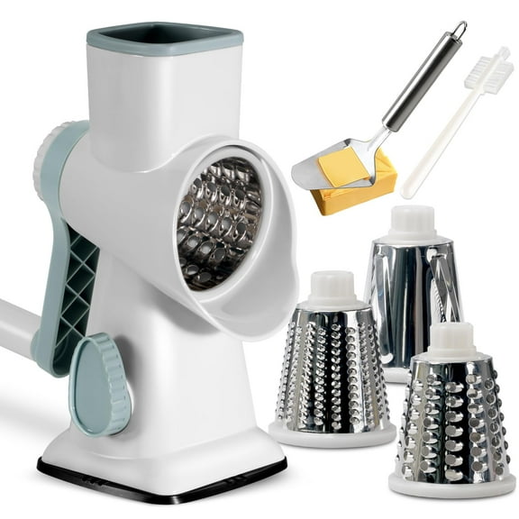 Jiarui Rotary Cheese Grater with Handle Vegetable Cheese Shredder Slicer Grater for Kitchen 3 Changeable Blades for Cheese Potato Zucchini Nuts Chocolate -White