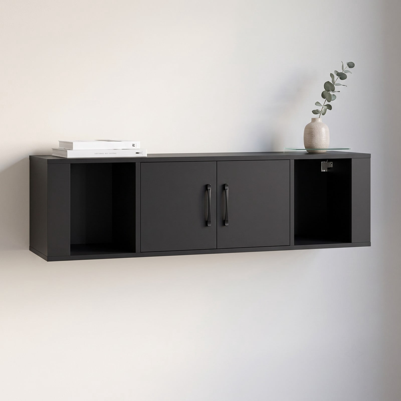 Furnibear Wall Mounted Floating Storage Cabinet, 2 Door Hutch with Open Cube Shelves, Space-Saving Media Console Hanging Desk Wood Wall Shelf for Living Room, Black