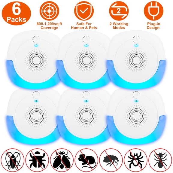 6 Pack Ultrasonic Pest Repeller Plug in, Dual Mode Electronic Pest Control Repels Rodents Roaches Mosquito Ants Spiders Indoor 800-1200 Sq Ft Coverage Safe for Humans & Pets