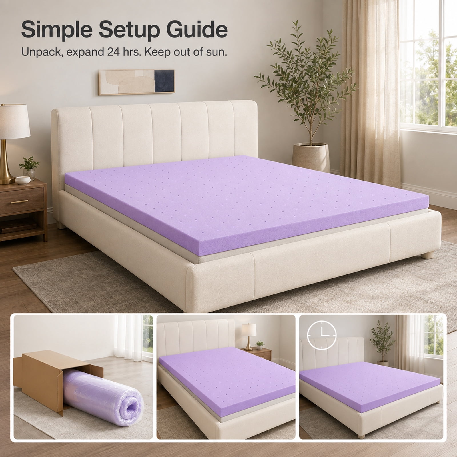 Alvantor 1.5 Inch Cooling Gel Memory Foam Mattress Topper Pressure Relief Pad, Ventilated Design Bed Topper, Purple