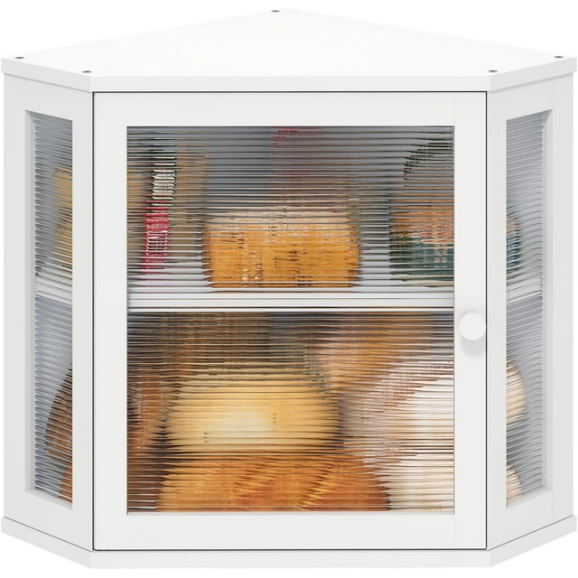 Corner Bread Box for Kitchen Counter, White Bamboo Wood Bread Box, Large Capacity Bread Storage Bin with Acrylic Wavy Door Panel