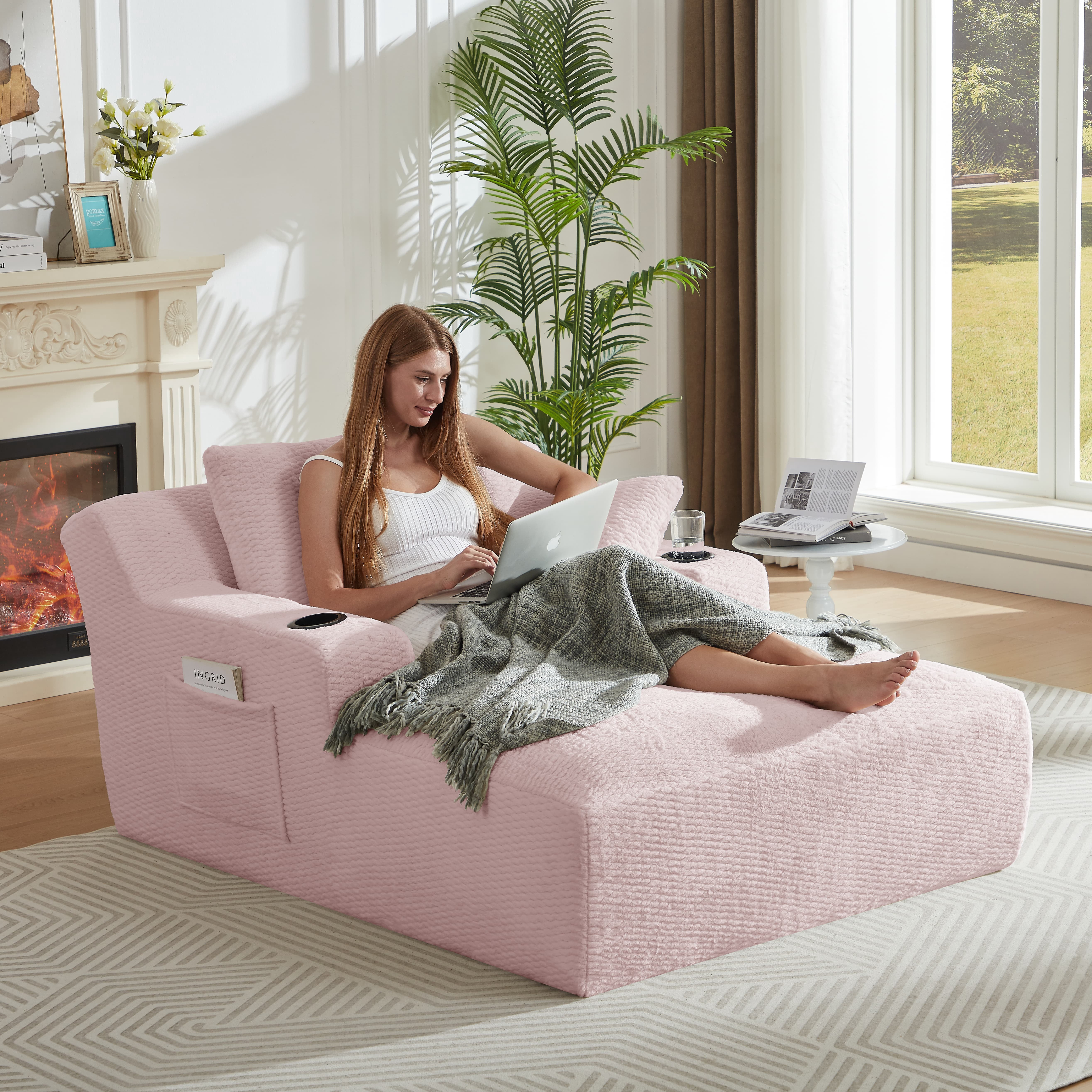 MAYEERTY Oversized Chaise Lounge Chair, Comfy Sleeper with Cup Holders for Living Room & Office, 49*66*28" Pink