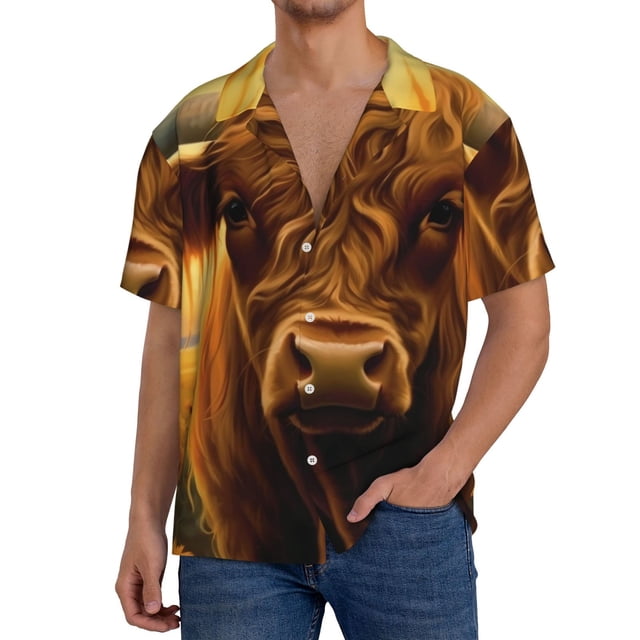 Balery Sunset Sunflower Cow A Camisa Casual de Manga Corta con Botones para Hombre, Texturizada, Estilo Cubano, para Playa, Verano-4X-Large