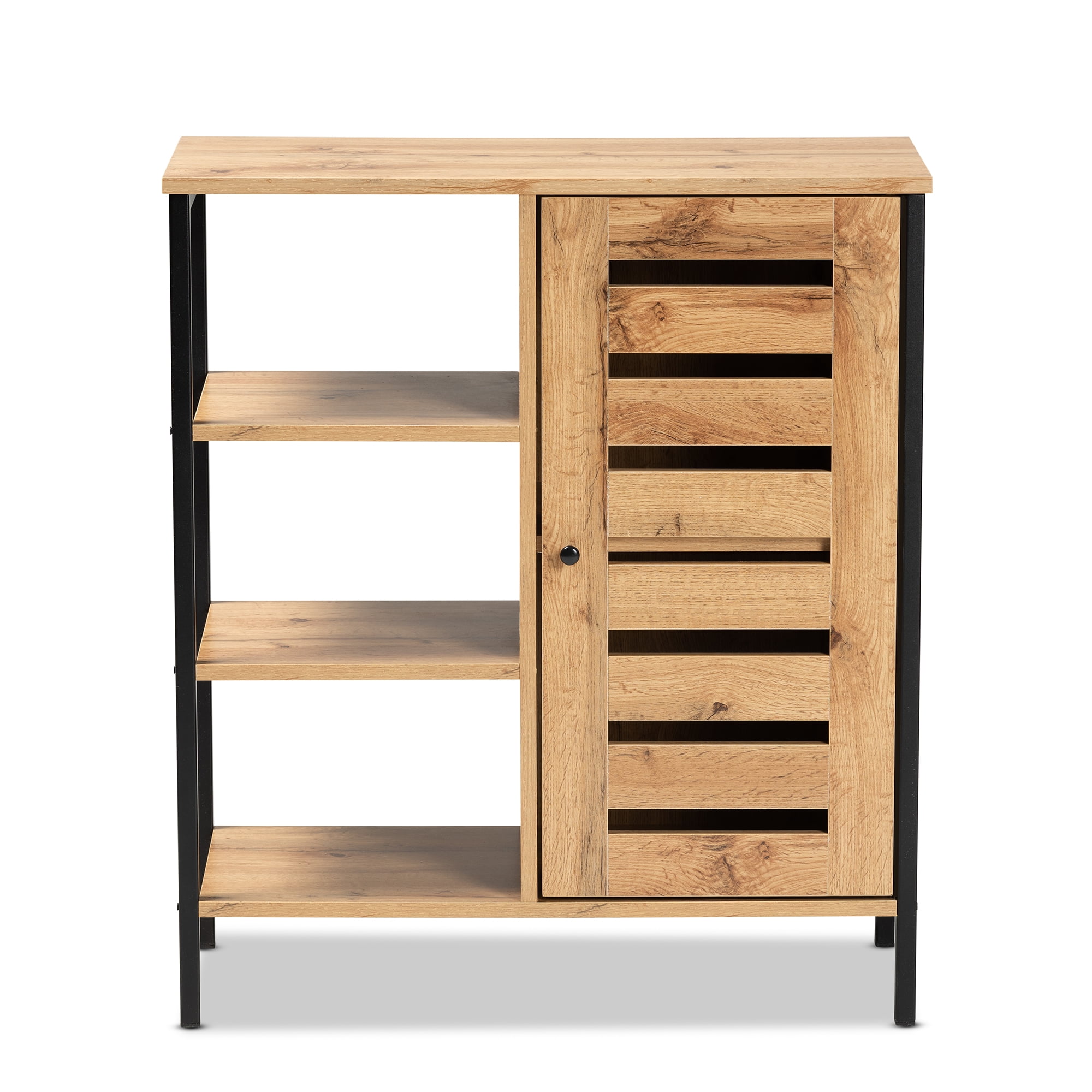 Baxton Studio Vander Modern and Contemporary Oak Brown Finished Wood and Black Finished Metal 1-Door Shoe Storage Cabinet