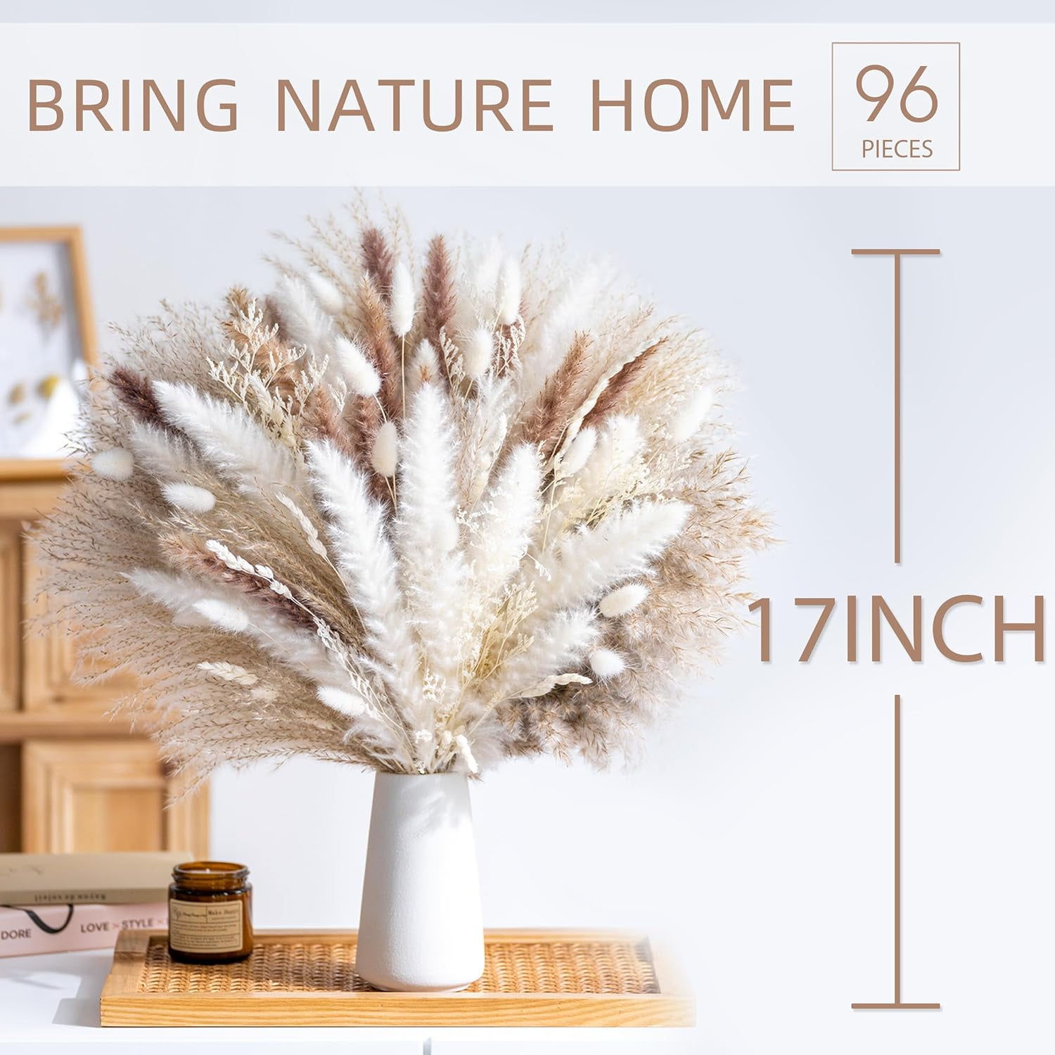 96PCS Natural Dried Pampas Grass Boho Home Decor Bouquet Phragmites Flowers for Wedding Floral Arrangements Living Room Decorations (96PCS)