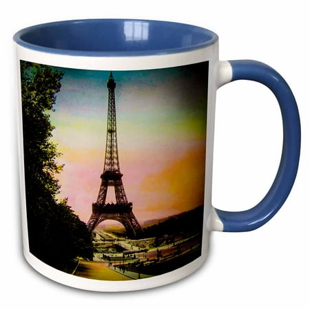 1910 Postage - 3dRose Vintage Hand Colored Magic Lantern Eiffel Tower Trocadero Paris 1910 - Two Tone Blue Mug, 11-ounce