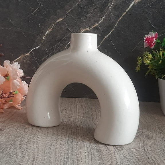 India Meets India Ceramic Vase [White], Modern Minimalistic Half Donut, Decorative Hollow & Pampas Dried Flowers Vase for Home Decoration/Living Room/Bedroom/Office/Table/Bookshelf, 7 x 6 in